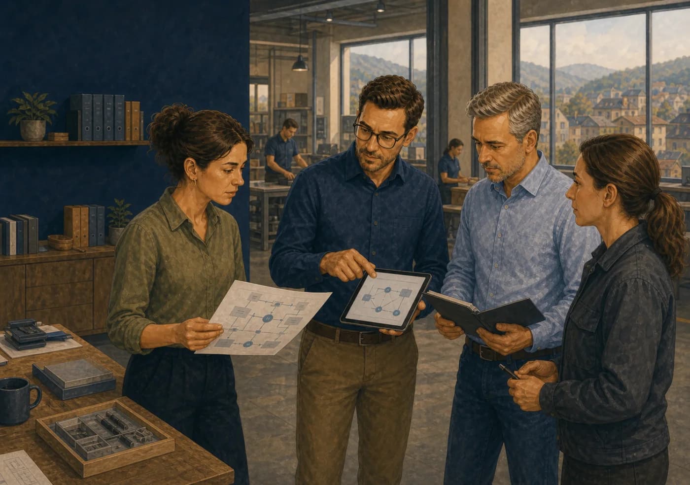 An illustrated workflow architect, process owner and operations specialists reviewing a business workflow together in a Swiss workplace.