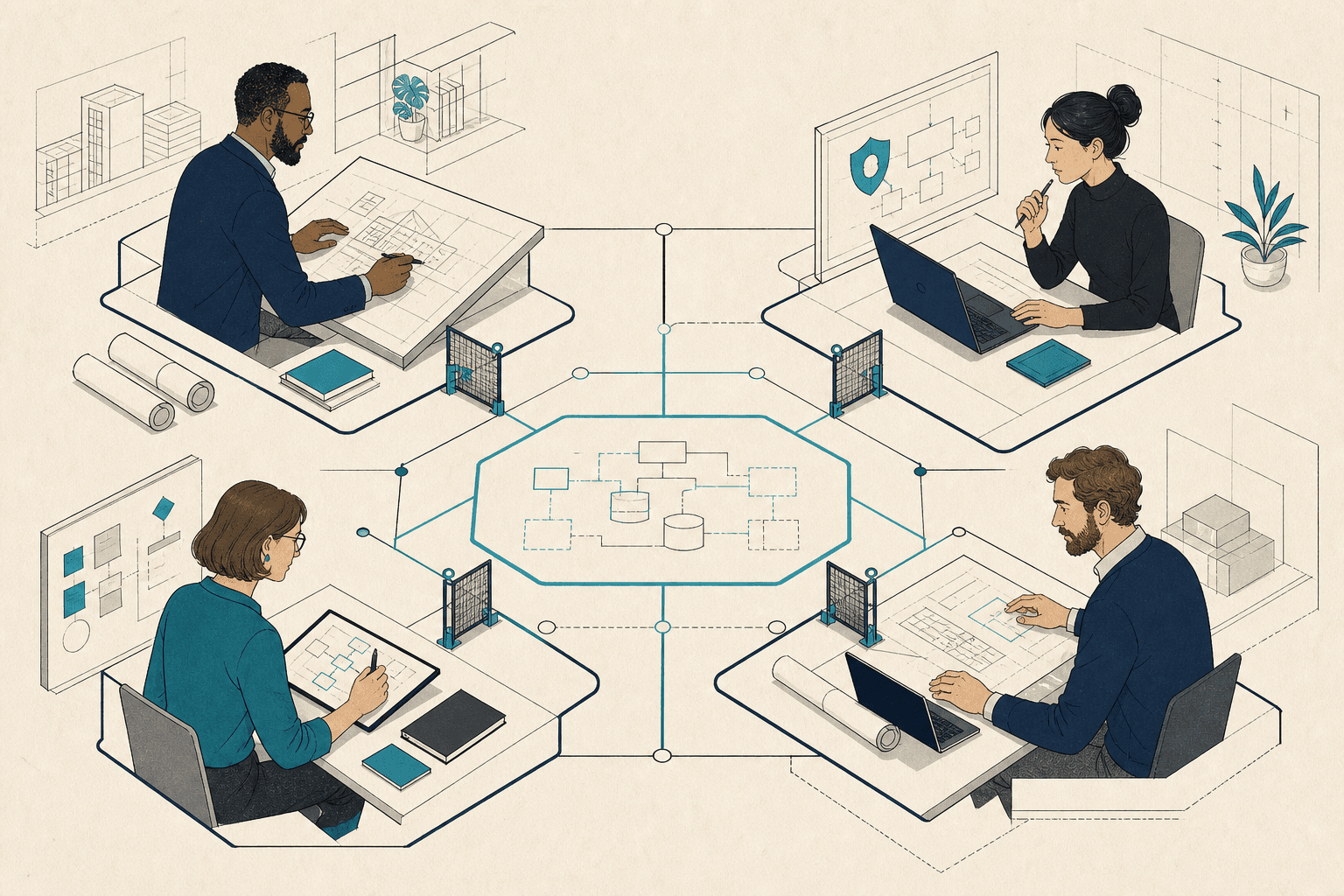 Illustrated expert roles connected through defined interfaces and review gates around a customer-controlled workflow.
