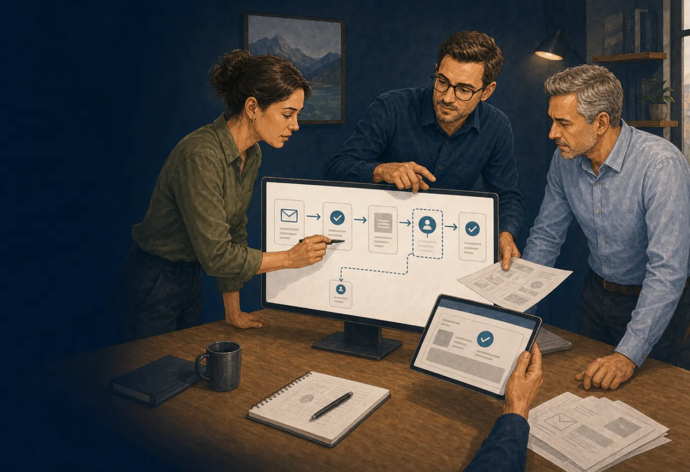 An illustrated operations owner, workflow architect and process owner running a workflow demonstration together, with visible stages, a human approval gate and a manual fallback path.