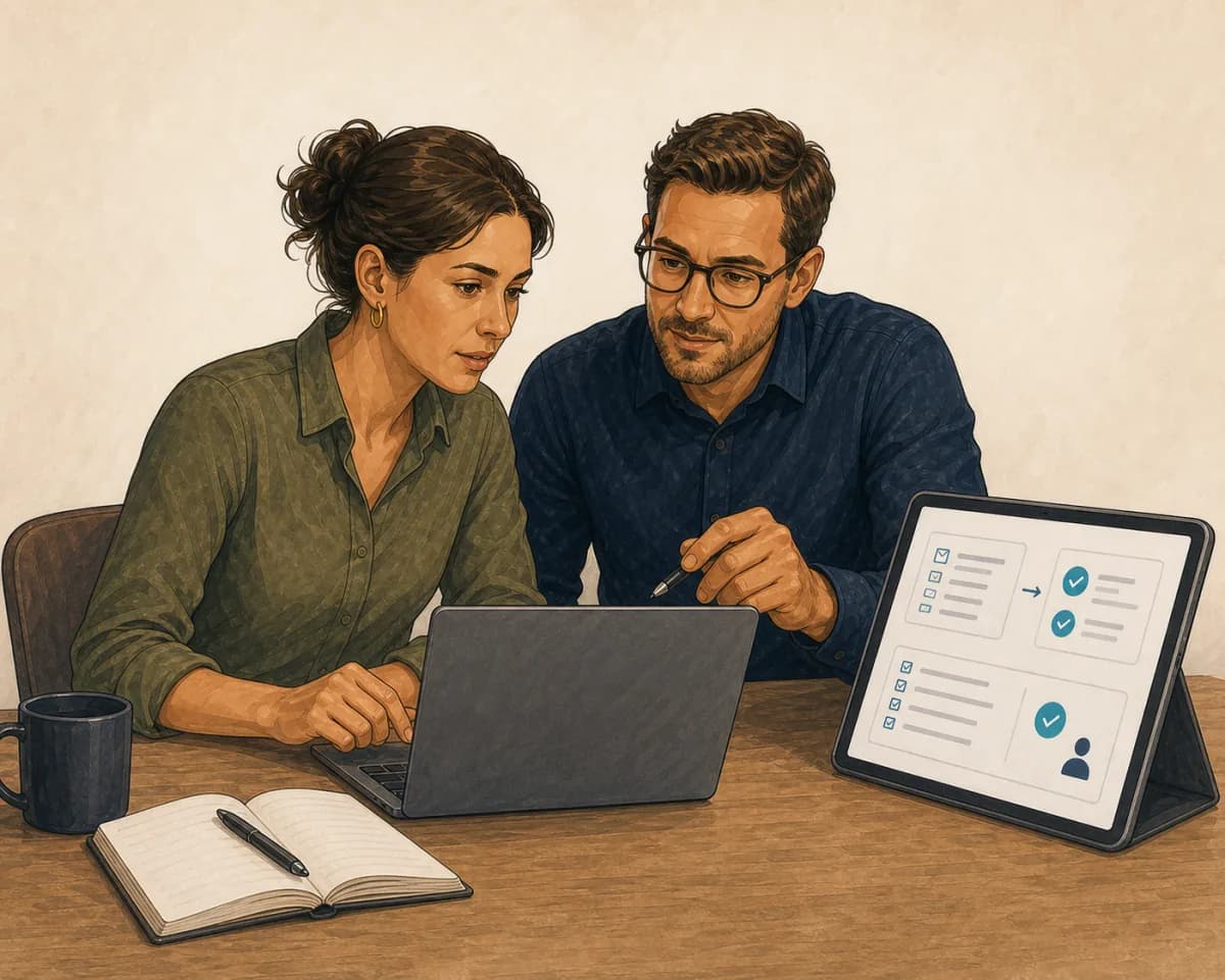 Illustrated architect, process owner and system specialist working together on a bounded workflow and acceptance criteria.