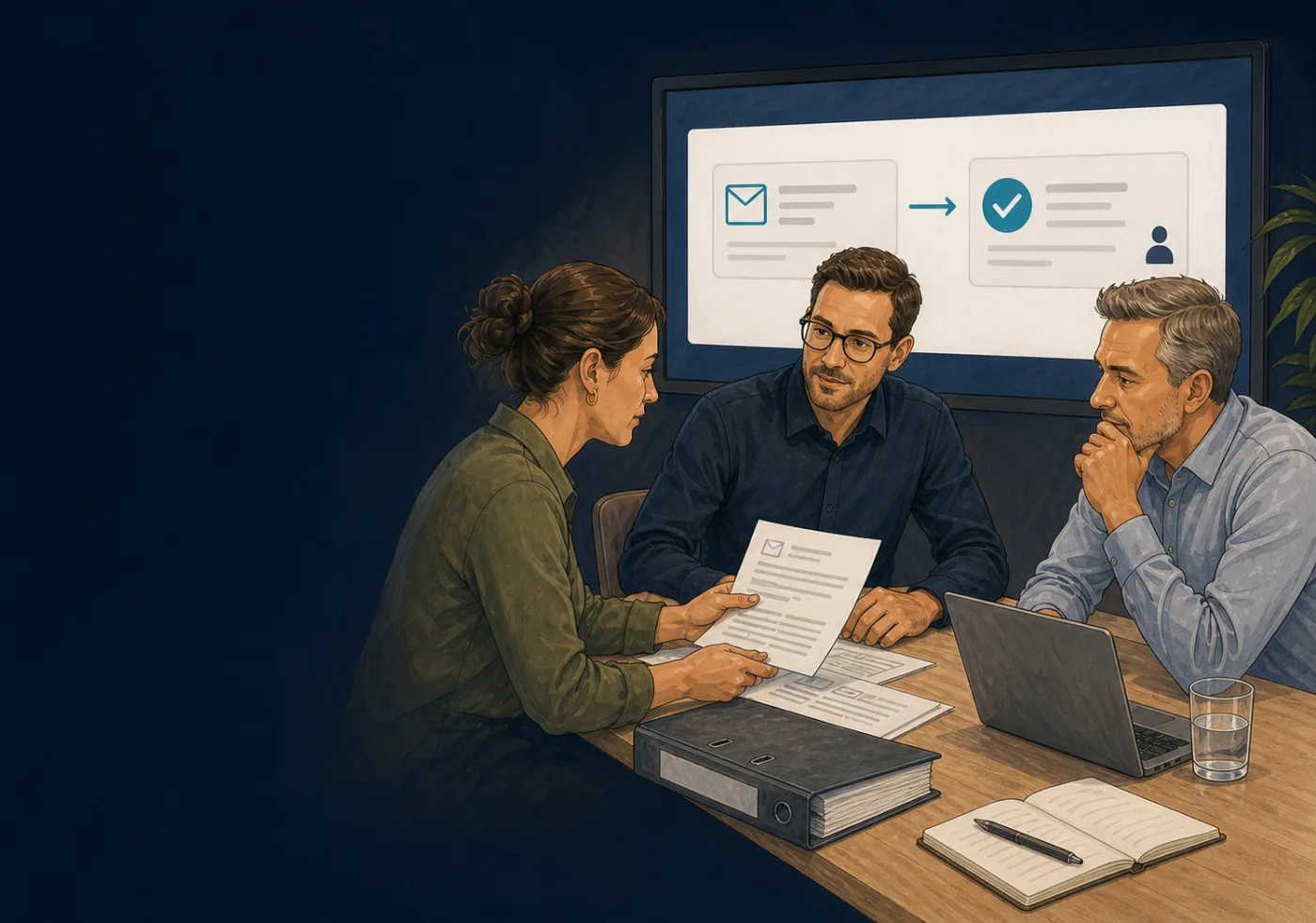 Illustrated process owners and an architect working around a bounded business workflow from incoming documents to a human-approved output.
