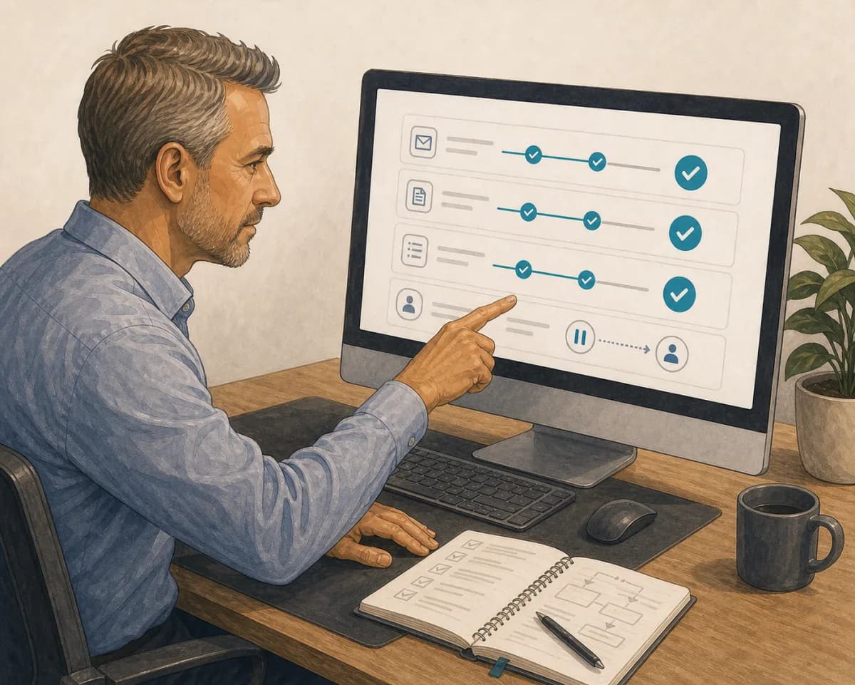 Illustrated workflow owner reviewing completed work, exception handling and a visible pause-to-manual path.