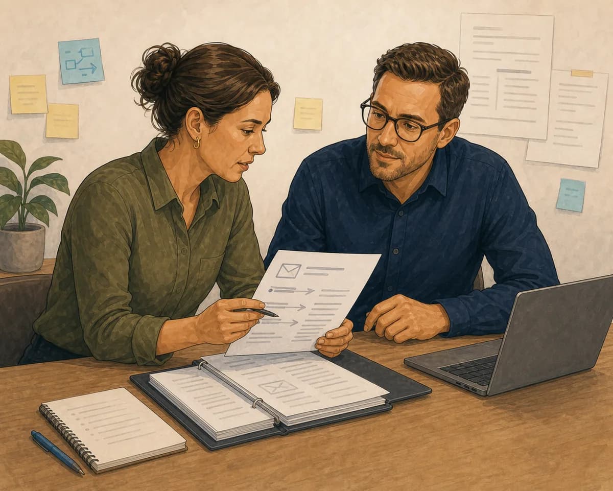 Illustrated workflow triage workshop where three professional roles examine process evidence, volume, risk and next steps.