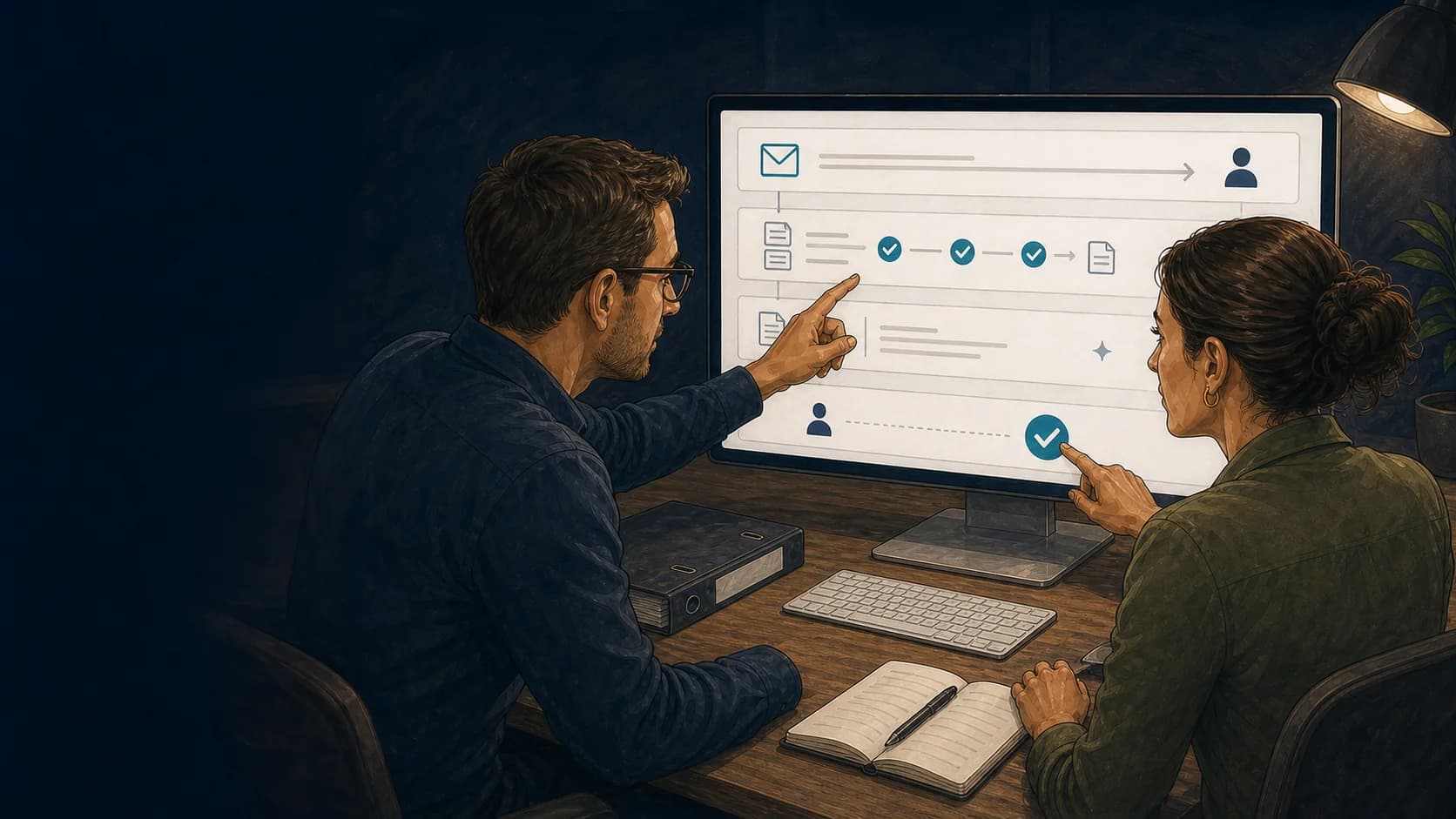 An illustrated process owner and workflow architect reviewing a request as it moves through checks to an approved result.