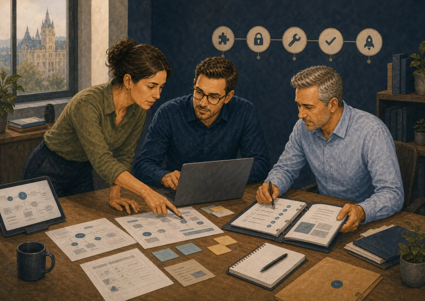 An illustrated operations owner, workflow architect and process owner working together on process evidence, acceptance checks and an operating handover.
