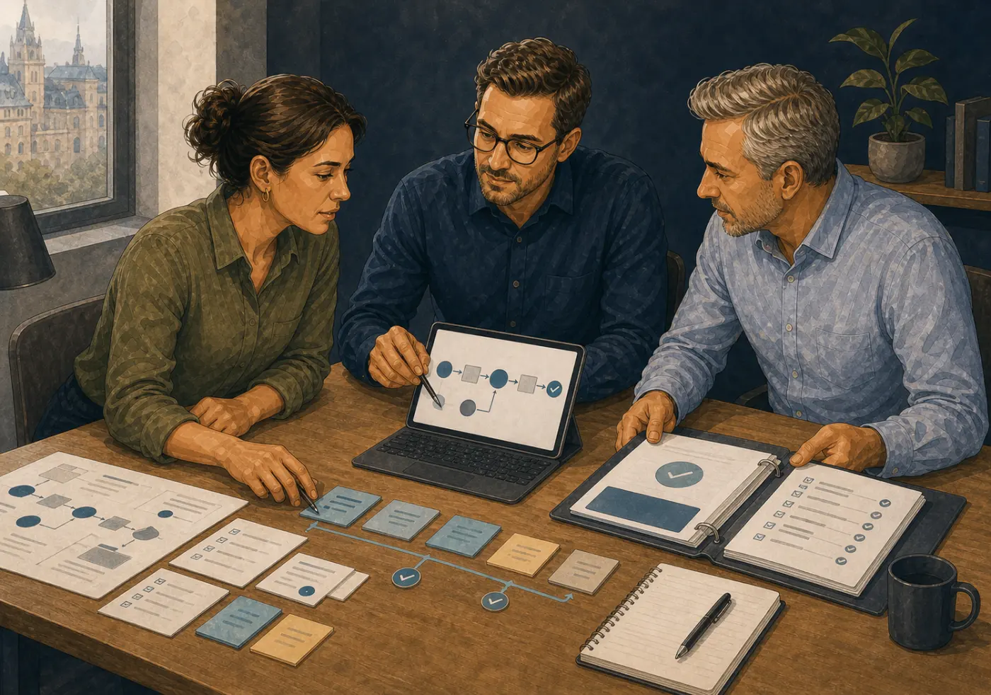 An illustrated operations owner, workflow architect and process owner arranging a clear path from workflow evidence through implementation to handover.