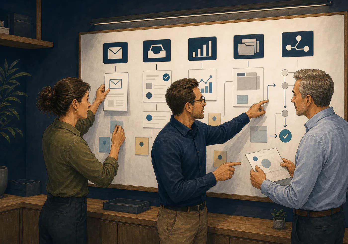 An illustrated operations team mapping five kinds of business work together on a shared wall, from enquiries and service requests to reports, documents and processes.