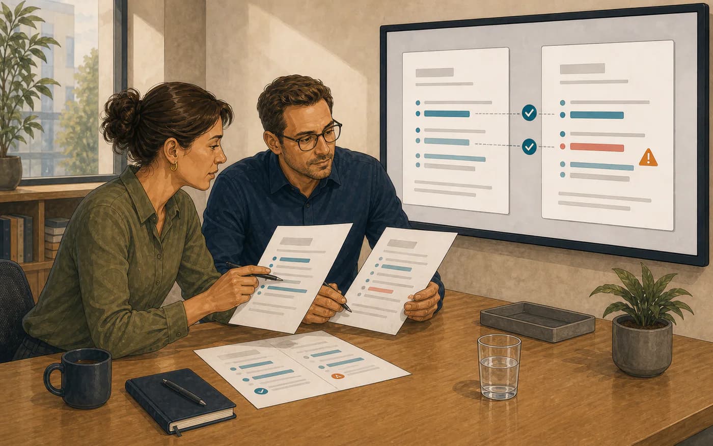 Document intelligence flow that compares sources, checks exceptions and pauses for approval before recording a result.