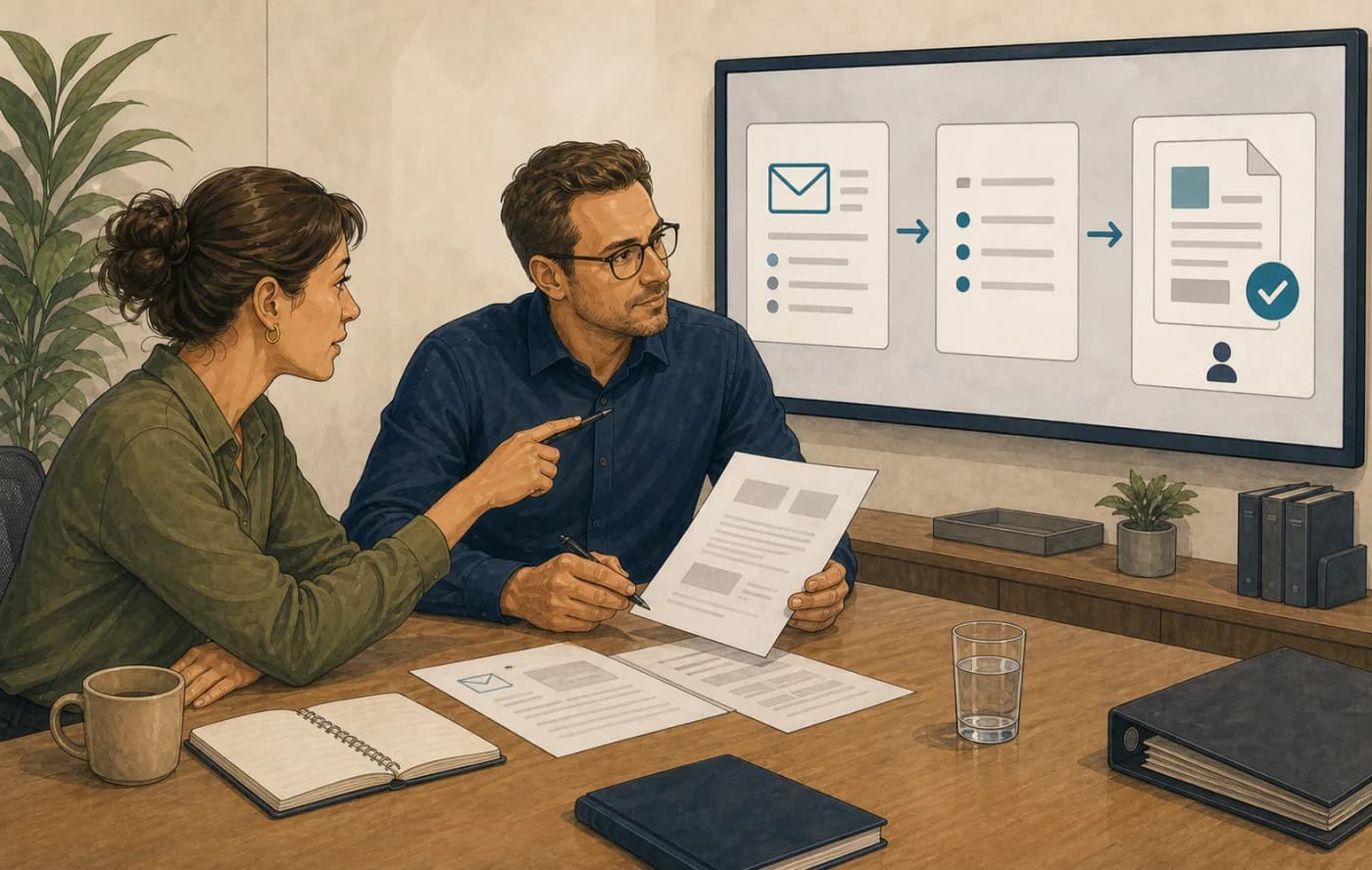 Lead-to-proposal flow from inbox through qualification and drafting to human approval and CRM update.
