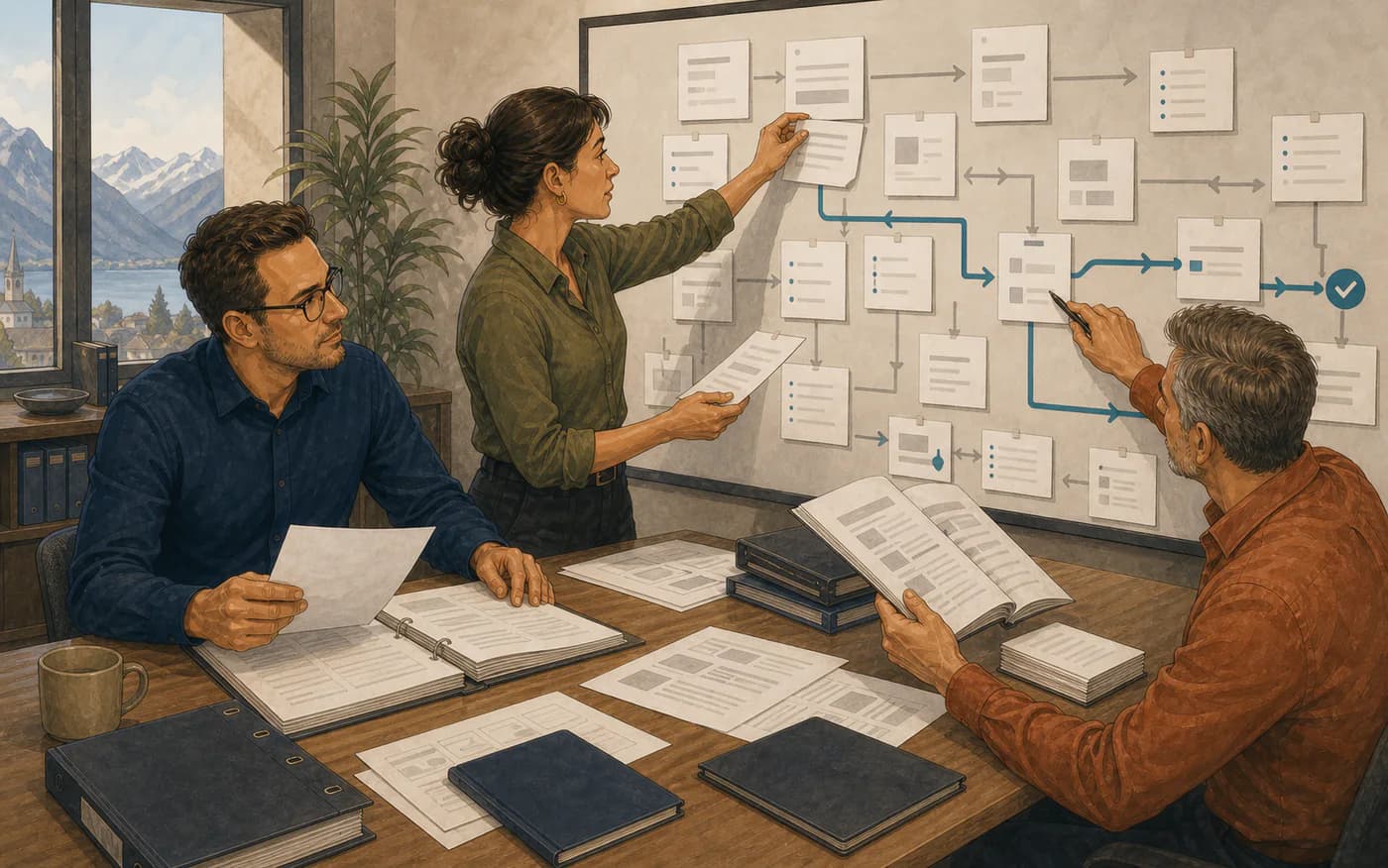 Process intelligence flow that reconciles documentation and system evidence before an authorised process recommendation.