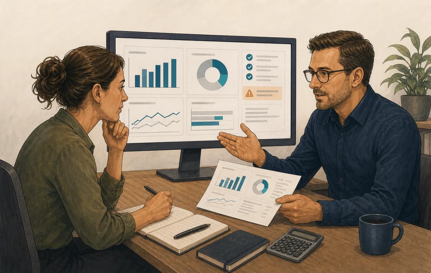Management reporting flow from source snapshots through calculation and explanation to human release.